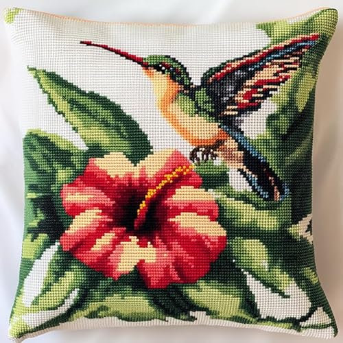WallustrioaW Tier knüpfteppiche & knüpfkissen Kissenbezug,Kolibri und Blumen,Choices Knüpfteppich Zum Selber Knüpf-Sets mit Kissen knüpfen-Set,43x43cm