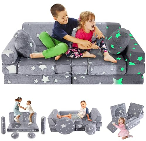 whiffee 13 PCS Kids Play Couch, Modular Glowing Kids Toddler Couches, Kid Play Couch Sofa for Playroom and Bedroom (Grey)