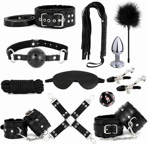 Erotic Products Black 11 Piece Leather Set, Adjustable Leather Bracelet, Ankle Strap And Eye Mask, Couple Gift - H10