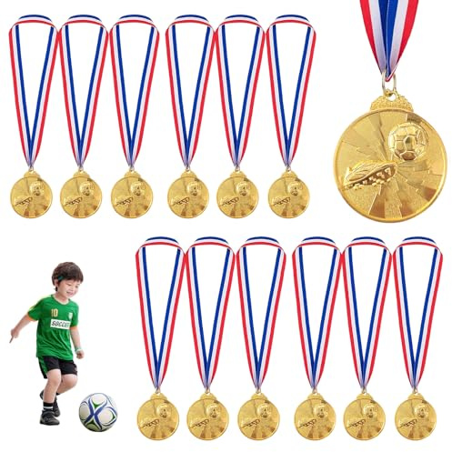 Eulihent 12 Pezzi Medaglie Calcio Metallo Medaglia Dorate con Nastro Tricolore per Bambini Adulti Feste Sportive Scolastiche Compleanno e Trofei Premiazioni