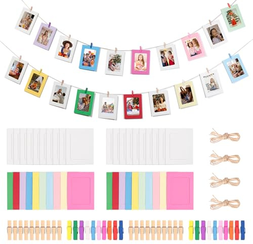 LUBOXIN 40 cornici in carta per foto da 10 x 15 cm, cornici fai da te, da appendere, con 40 clip in legno e 4 corde di canapa, per casa, ufficio, scuola, decorazione da parete (bianco + colorato)