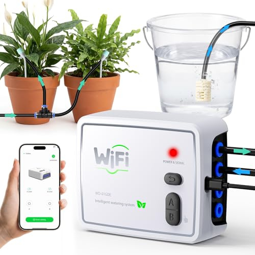 Sistema di irrigazione automatico a doppio canale, sistema di irrigazione autonomo con controllo remoto tramite app WiFi per 20 piante in vaso, kit di irrigazione a goccia per interni