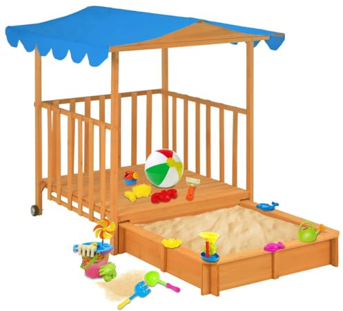 Runheo Maison de jeu pour enfants avec bac à sable en bois de sapin, toit bleu UV50, 130 x 130 x 143 cm, 20 kg, avec véranda, roulettes et matériel de montage pour jardin, terrasse et extérieur