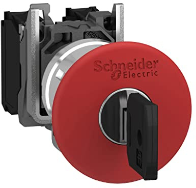 Schneider Electric Harmony XB4 Not-Aus/Not-Halt-Schalter, Metall, 22mm, roter Pilz 40mm, Schlüsselentriegelung, 1S+1Ö, Artikelnummer XB4BS9445