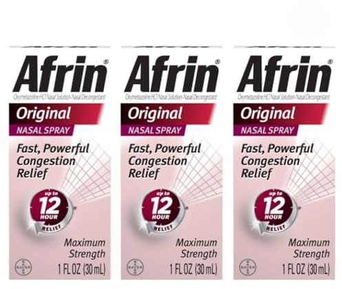 Afrin Original Maximum Strength 12 Hour Nasal Congestion Relief Spray - 3 bottles, 1 FL OZ (30mL) each. Total 3 FL OZ (90 mL)