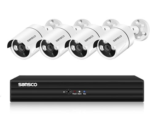 SANSCO 5MP Outdoor CCTV Security Camera System, 8 Channel DVR System, 4x 5MP HD Wired Waterproof Security Cameras, Human/Face/Vehicle Detection, Email/App Alert, Night Vision, No Hard Drive Disk