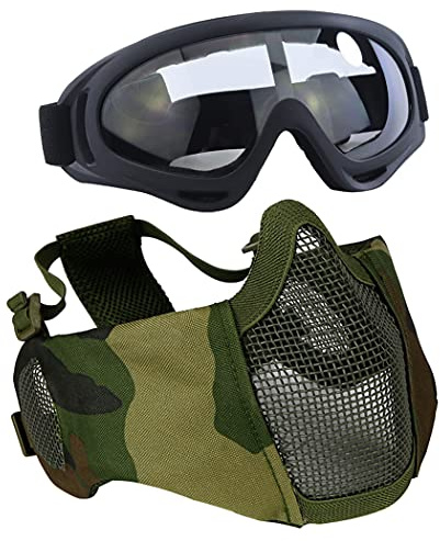 AOUTACC Airsoft Protective Gear Set, Half Face Mesh Mask with Ear Protection and Tactical Goggles for Kid Adult Men Women BBS Paintball Shooting CS Survival Games Cosplay (Camo)