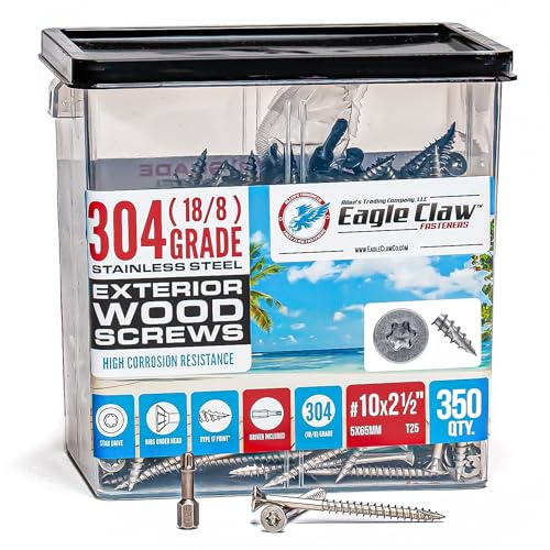 #10 x 2 1/2 Inch Stainless Steel Deck Screws | 304 Grade (350 Pack) | Flat Head T25 Star Torx Drive | Stainless Steel Screws by Eagle Claw Fasteners | Corrosion & Rust Resistant (Includes Driver Bit)