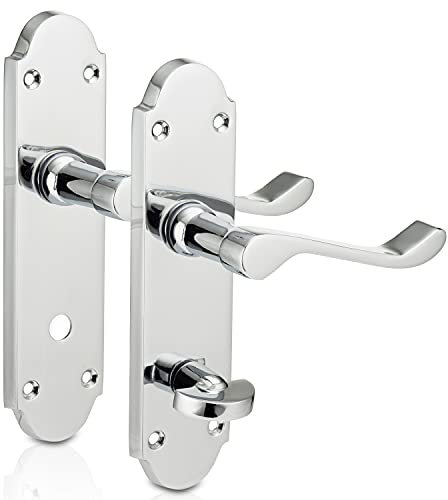XFORT® Richmond Scroll Bathroom Polished Chrome Door Handles, Elegant Door Handle Set, Epsom Shaped Handle on Long Back Plate, Ideal for Internal Wooden Bathroom, Restroom and Toilet Doors [1 Pair]