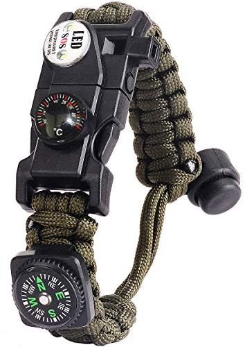 Braccialetto Paracord Sopravvivenza Militare Kit, Bracciale Sopravvivenza Regolabile con Flint + Bussola + Termometro per Attività all'aperto Escursionismo Campeggio di Emergenza (Verde dell'esercito)