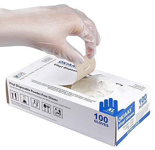 OKIAAS Vinyl Gloves(100PCS) Non Latex, Touch Screen|Examination|Kitchen Food Prep Safe|Plastic Washing Up Gloves XL Men Women Extra Large