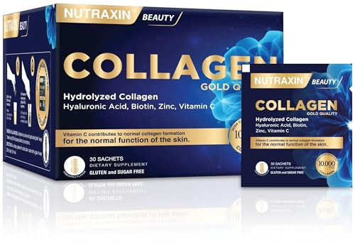 Nutraxin 10,000mg Collagen Peptide Powder Sachets, 30 Counts - Hydrolyzed Collagen Powder for Healthy Skin, Hair & Nails - Biotin Supplement with Vitamin, Hyaluronic Acid & Zinc - Pineapple Flavour