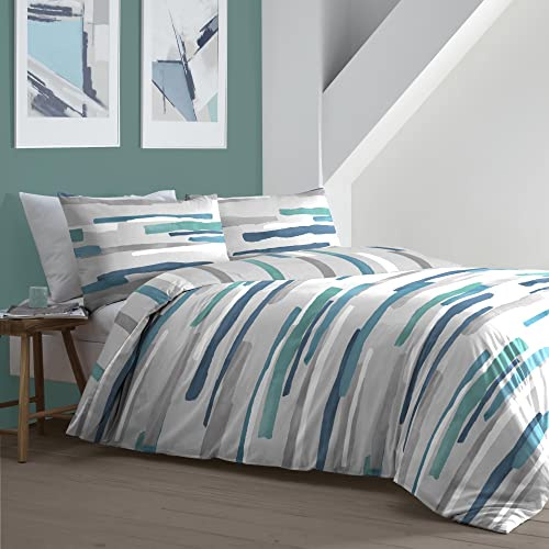 Fusion - Housse de Couette à Rayures Nautiques Bleues - 200 x 200 cm - 2 taies d'oreiller - Housse de Couette Bleue contemporaine - Parure de lit Gris/Bleu Sarcelle - Literie Bleu Sarcelle à Rayures