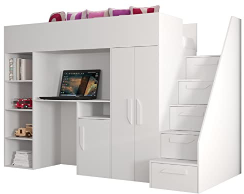 MEBLE KRYSPOL Party 14 Hochbett für Kinder und Jugendliche mit Stauraum - Etagenbett mit Schreibtisch, Kleiderschrank, Bücherregal und Trittleitern - 247x120x165 cm - Weiß
