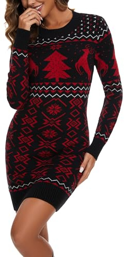 Bresdk Vestidos Suéter Navideño de Punto Mujer Invierno Jersey Punto Manga Larga Vestido de Navidad Ugly Christmas Sweater Dresses, Negro, S