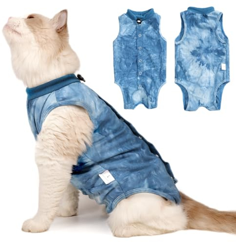 Cat Recovery Suit for Male and Female Surgical Post Surgery Soft Cone Onesie Tie Dye Cats Shirt Clothes Neuter Licking Protective Diapers Outfit Cover Kitten Spay Collar Alternative(Navy Blue, L)