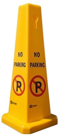 Berry 4-Sided No Parking Cone | Highly Visible Yellow Warning Sign | 67CM Freestanding Floor Safety Cone for Driveways, Garages, Loading Bays, Private Parking & Commercial Use