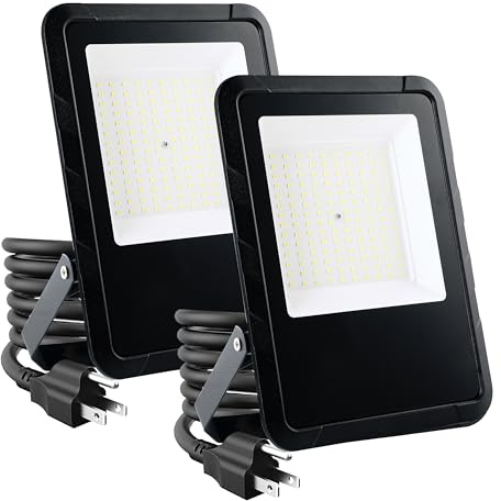 Simple Deluxe 2 Pack LED Flood Lights Outdoor, 100W 10000LM Super Bright Outside Work Light with Plug, IP65 Waterproof, 6500K Floodlight for Garage, Yard, Lawn