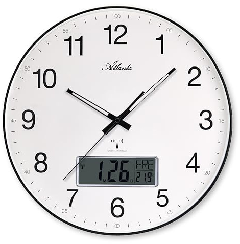 Atlanta Große Funk Wanduhr Analog LCD Digital Datum Temperatur 37cm zusätzliche Außenantenne - 4573
