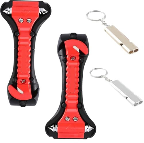 sylbx 4 piezas Seguridad para Automóviles,Herramientas de Escape de Accidente,Martillos para Automóviles,Martillo de Seguridad para Coche,Martillo de Emergencia Cortador con 2 Silbato de Supervivencia