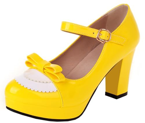 HSyc JRX Mary Jane - Zapatos de tacón alto para mujer, con lazo, lacado, tacón de bloque, amarillo, 38 EU