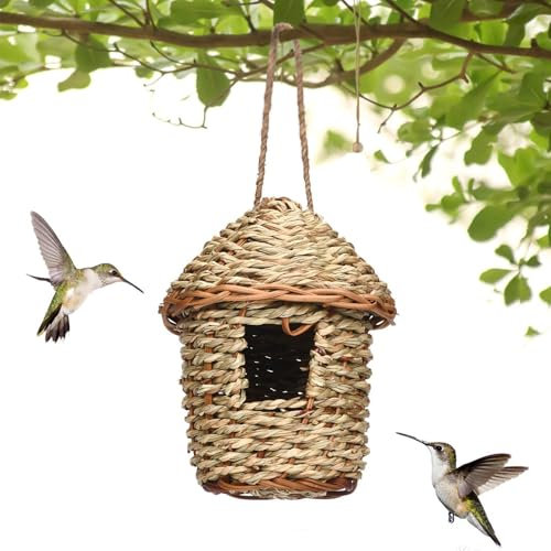 Casas de colibrí para exteriores, cabaña de paja, hecha a mano, cueva de cría y eclosión, casa anidada al aire libre para jardín, porche, balcón, tronco de árbol, elegante y práctico refugio para