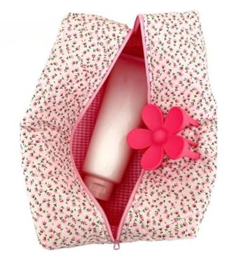 Aucuu Kosmetiktasche, Kulturtasche Damen, Coquette Make-up-Tasche, Klein Kulturbeutel Schminktasche, Gesteppte Kosmetiktasche mit Blumenmuster, Makeup Bag Waschtasche, Cosmetic Bag für Mädchen Frauen