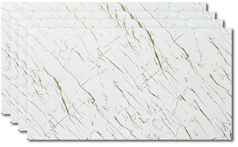 LoXus - Marble Look White with Gold PVC Wall Cladding - 4 Kitchen Back Panels 120 x 60 cm - Waterproof 3D Decorative Panels for Bathroom, Shower