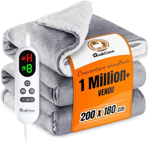 Mia&Coco Coperta elettrica spegnimento automatico 180x200 cm, 10 impostazioni di riscaldamento, timer di spegnimento automatico fino a 9 ore, flanella, lavabile, grigio