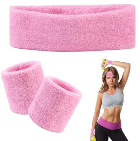 Set med sportsvettband, rosa ttennismanschetter och 2 absorberande svettband, absorberande bomullsband, unisex, för tennis, basket, fotboll, löpning, gymnastik