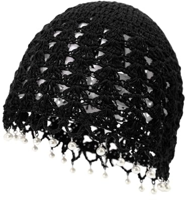 Julpsk Women's Lightweight Handmade Crochet Hat Boho Pearl Trim Beanie Cap for Beach Travel, Black, One Size
