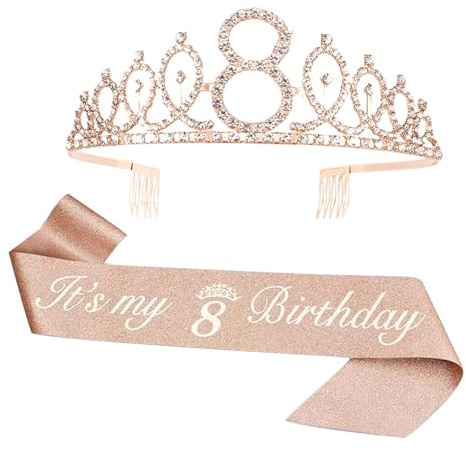 KHstylehoo Couronne d'anniversaire pour fille de 8 ans, décoration d'anniversaire pour fille de 8 ans, cadeaux d'anniversaire pour enfants (or rose)