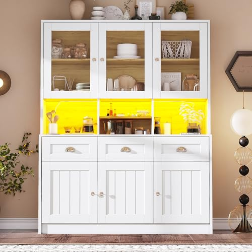 Armario de cocina (140 × 40 × 175 cm), armario alto de cocina buffet, armario buffet con estantes ajustables, aparador con iluminación LED, colores de luz variables, para cocina y comedor (blanco)