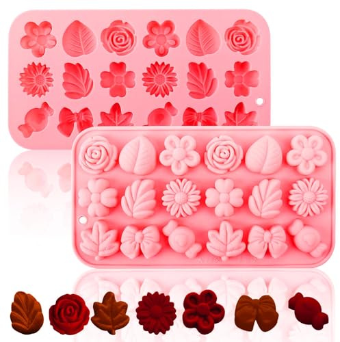 Fuehbur Flower Candy Floral Silicone Molds 2PCS, Chocolate Moulds with Daisy Tulip Rose Bow Tie Leaf Jello Design, 18 Cavity Ice Mold Pudding for Cake Desserts Making, Cupcake Toppers - 2 Pack