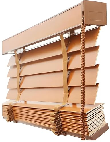 Persianas Venecianas de Madera Maciza Horizontales para Interior Exterior Ventana Anchas, Cortinas Veneciana de Privacidad 5cm Lamas, Estores Oscurecedoras(Light Brown)
