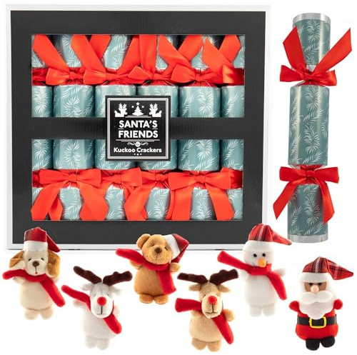 Olde English Crackers Santa's Helpers Party Favors - Set of six Decorative Favors filled with Small Stuffed Animal Ornaments dressed in Holiday Season Attire