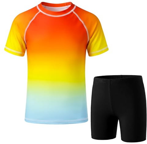 FILOWA Baddräkt, pojkar, barn, tvådelad rashguard-skjorta och badbyxor, snabbtorkande baddräkt, UV-skydd, kortärmad badshorts, set, sommar, strand, surfing, badkläder för 104–164, röd, 152-164