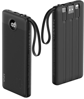 VRURC Power Bank, powerbank 10 000 mAh med 4 integrerade kablar | USB-C externt mobiltelefonbatteri, LED-skärm med 5 utgångar och 2 ingångar, laddare för iPhone Samsung Huawei Android