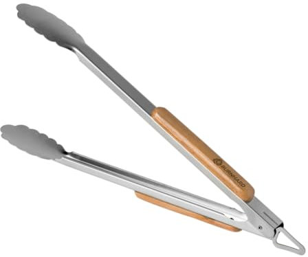 Pinza para barbacoa BURNHARD® de acero inoxidable, 45cm, mecanismo de bloqueo, gancho para colgar, mango antideslizante – Pinza BBQ Deluxe