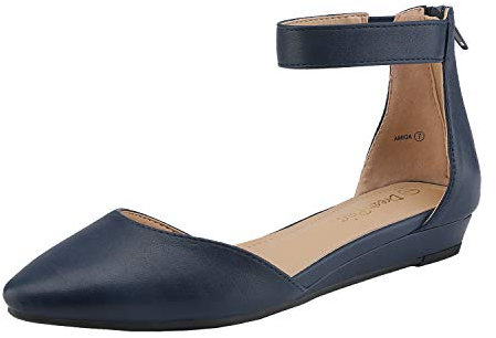 DREAM PAIRS Women's Navy Pu Low Wedge Ankle Strap Flats Shoes, Amiga, Size 8 M US /6 UK