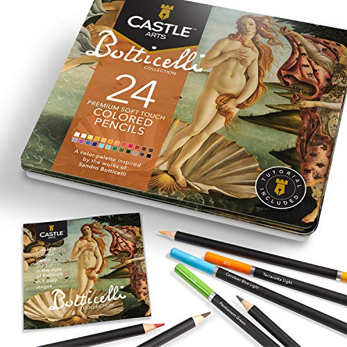 Castle Arts Set med 24 färgpennor i en plåtlåda, perfekta färger inspirerade av Botticelli. Slät färg, blandning och överlägsen lagerprestanda för | Konstnärens färgpennor set med kvalitet, släta kärnor - överlägsen blandning och skiktningsprestanda, presentationslåda