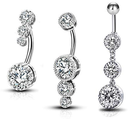 OUFER 3PCS Belly Button Rings Clear CZ 316L Surgical Steel Belly Rings Dangle Navel Rings Belly Rings Belly Piercing Jewelry
