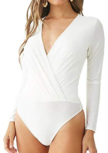 LINMON Women's Long Sleeve Bodysuit Surplice Ruched Plunge V Neck Stretchy Jumpsuit Leotards (A00 White, Medium)