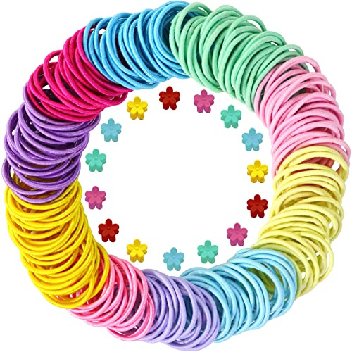 Hanyousheng 200Pcs Multicolor Elastic Hair Bands, Girls Hair Bands, Ponytail Holders with 15Pcs Mini Hair Clips