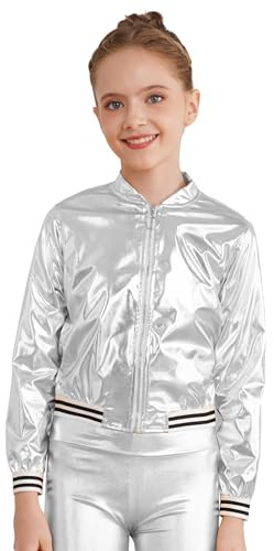 TiaoBug Enfant Fille Garçon Blouson Base-ball Cuir Verni Métallique Jacket Déguisement Disco Costume Danse Manteau Haut de Danse Jazz Hip-hop Soirée Fête Carnaval Argenté 13-14 ans