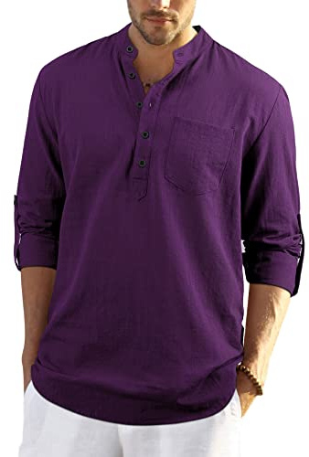 Enlision Mens Purple Cotton Linen Shirts Long Sleeve Shirt Button Down Henley Shirts Lightweight Casual Plain Tops for Men L