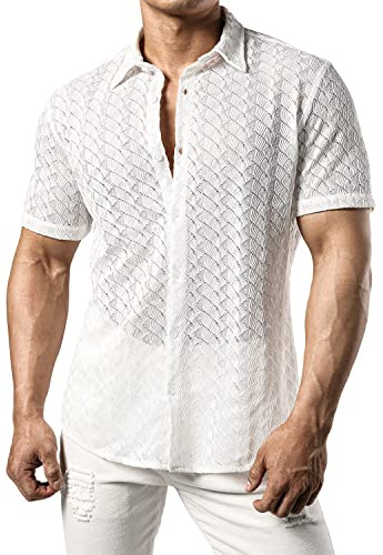 JOGAL Chemise transparente à manches courtes pour homme - Chemise d'été décontractée en dentelle