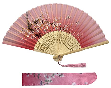Kibon ventagli pieghevoli, ventagli portatili, ventagli a mano, ventagli in bambù con nappa per regali di compleanno, cosplay, matrimonio, decorazioni per feste (rosa chiaro)