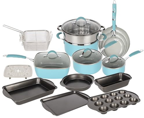 Gr8 Home 19 Piece Induction Cookware Set Non Stick Cooking Pot Frying Pan Steamer Saucepan Kitchenware Bakeware with Lids (Blue and Dove Grey)