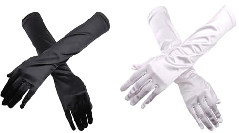 TRKETK 2 Pair Long Opera Satin Gloves for Women, Evening Elbow Gloves 1920s Style for Prom, Party, Wedding (21) - White and Black